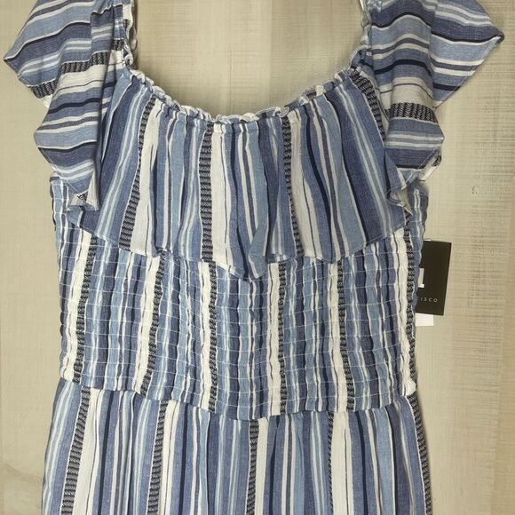 I. N. San Francisco blue and white striped shorts romper, ruffle, size large - Picture 4 of 16